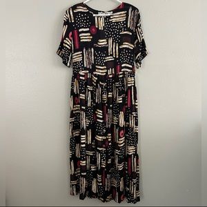 Klozlyne Long Rayon Maxi Dress Size M NWT Vintage Deadstock Black Tan Red Print